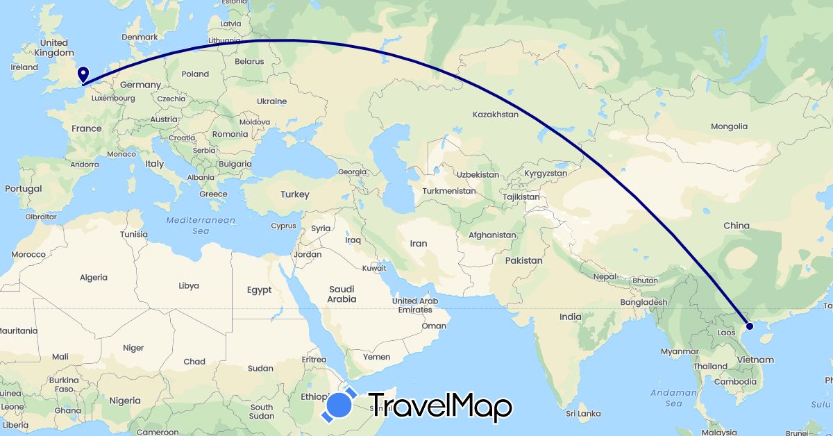 TravelMap itinerary: driving in United Kingdom, Vietnam (Asia, Europe)